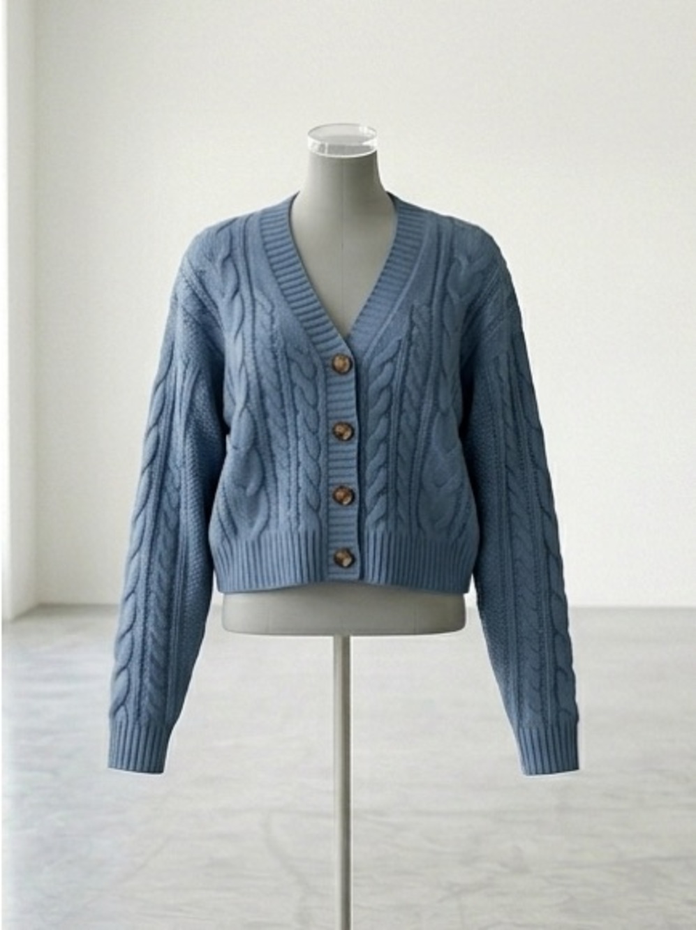 V-Neck Cable Knit Button Cardigan Sweater - Light Blue